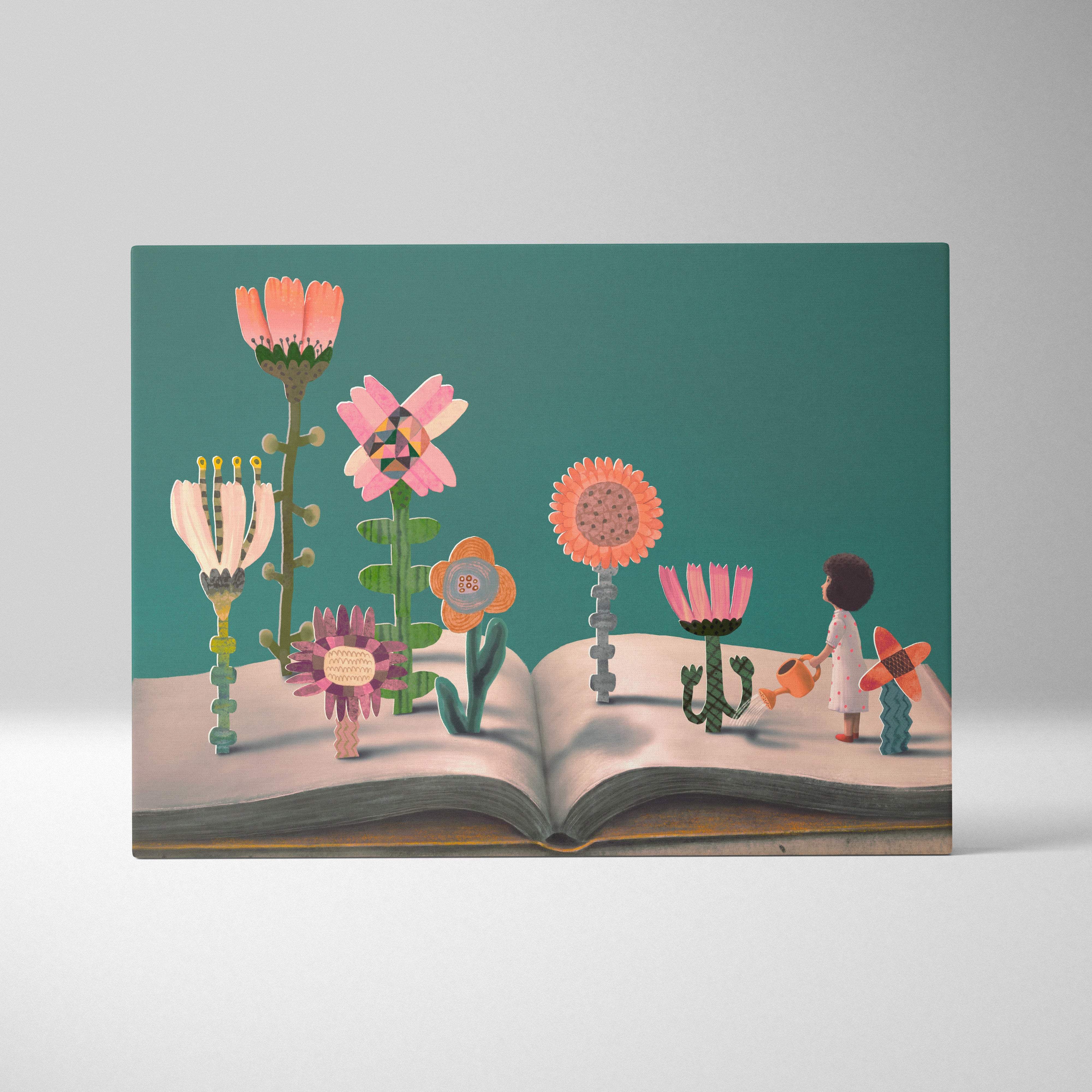 Contemporary flower book canvas wall art of a girl watering colorful stylized flowers growing from an open book pages