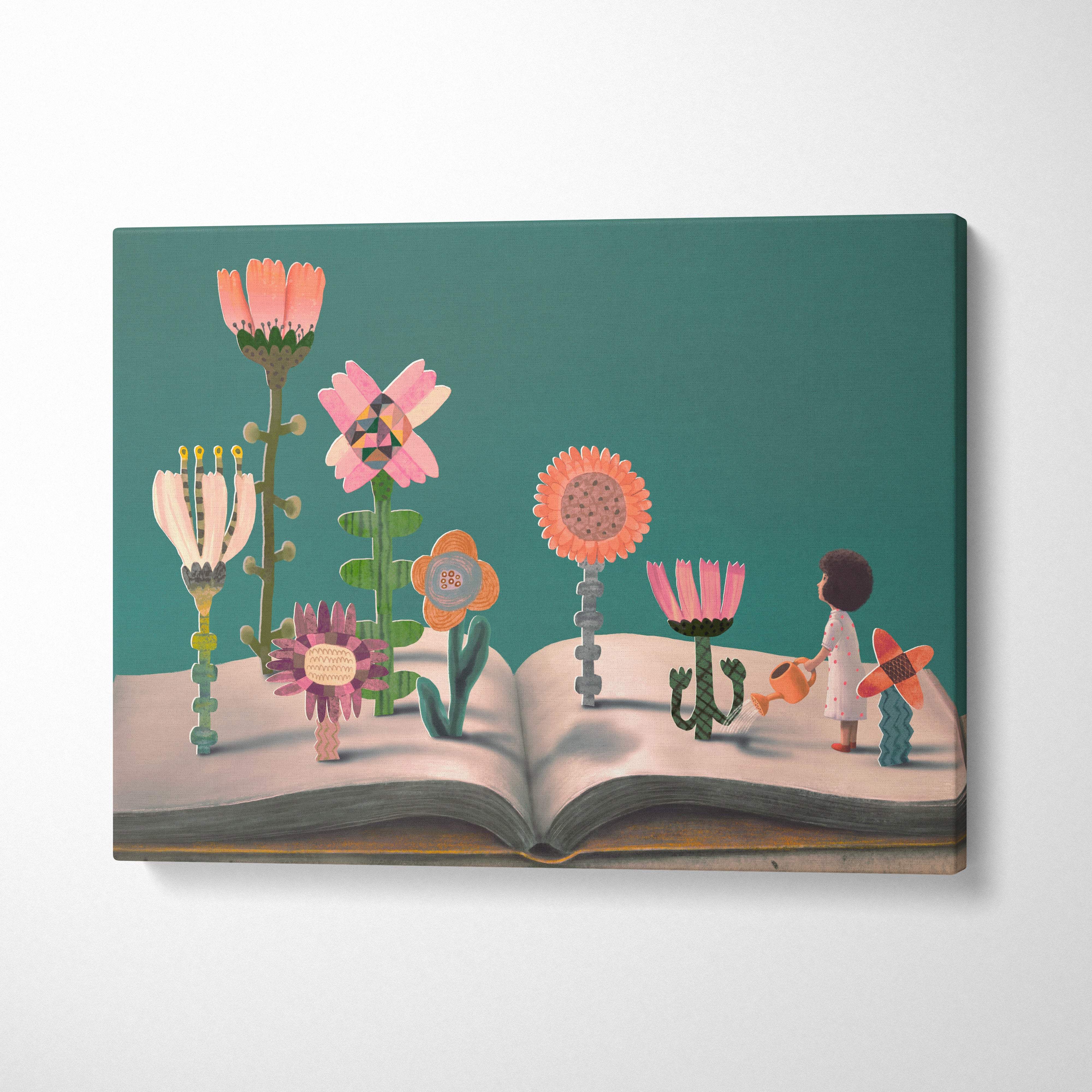 Contemporary flower book canvas wall art showing a girl watering colorful stylized flowers from an open book