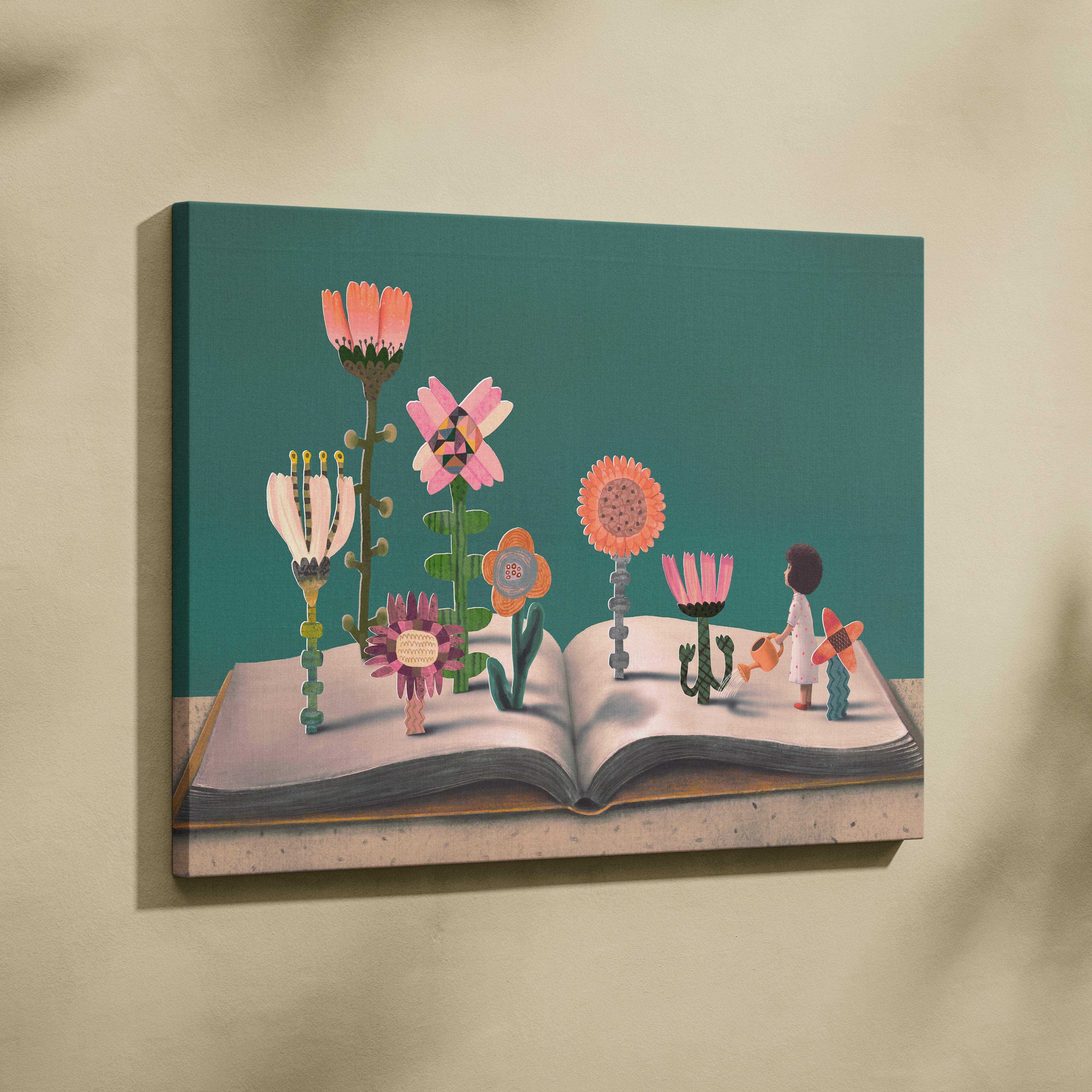 Whimsical canvas wall art of a girl watering colorful flowers sprouting from an open book on a teal background