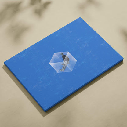 Contemporary blue canvas wall art featuring a transparent hexagonal prism with a black and white figure for mental health decor