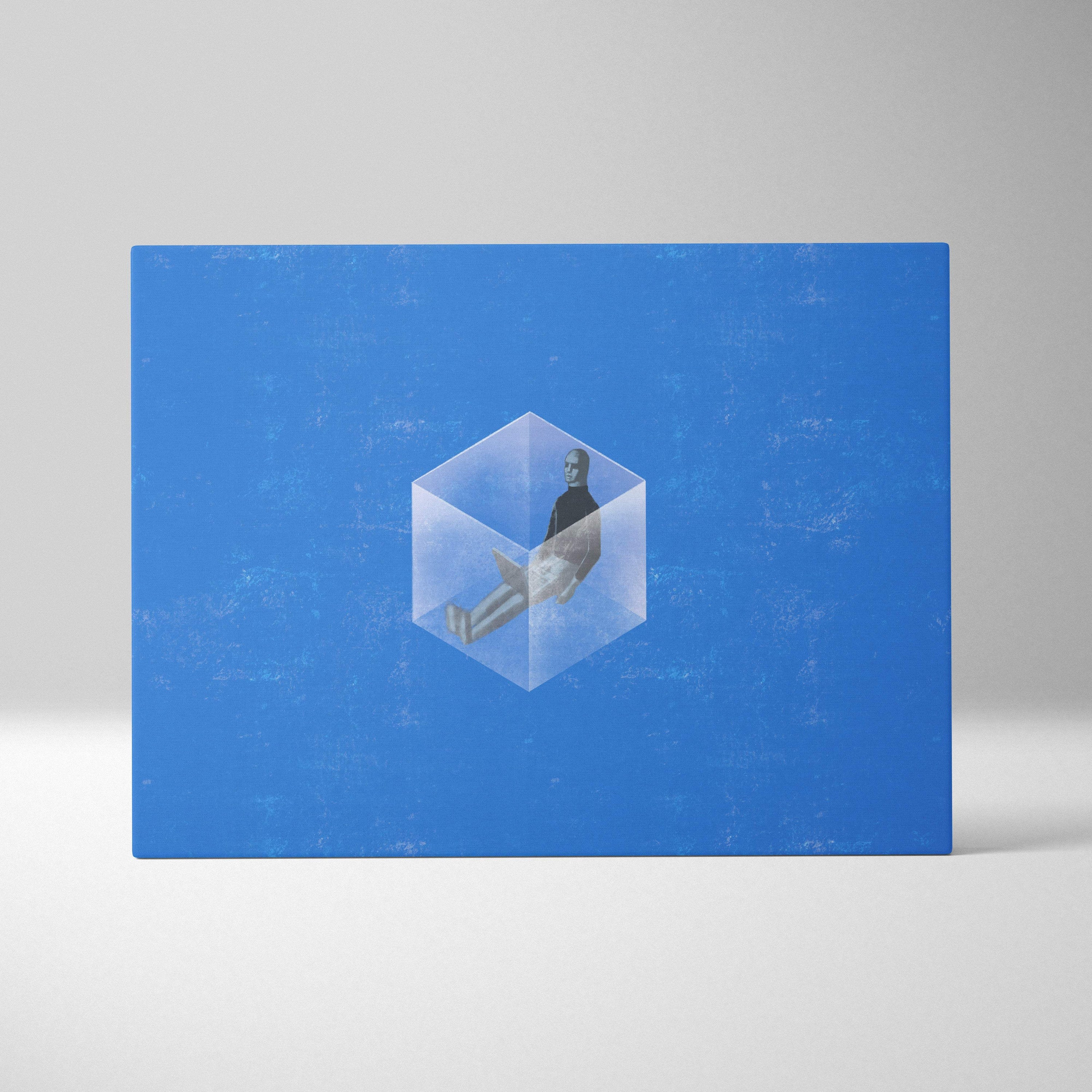 Contemporary blue canvas wall art featuring a translucent glass cube with a figure inside on a textured blue background