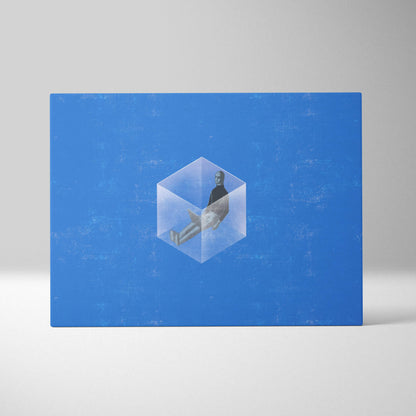 Contemporary blue canvas wall art featuring a translucent glass cube with a figure inside on a textured blue background