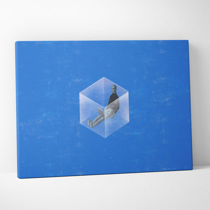 Contemporary blue canvas wall art featuring a translucent glass cube with a seated figure in black for mental health decor