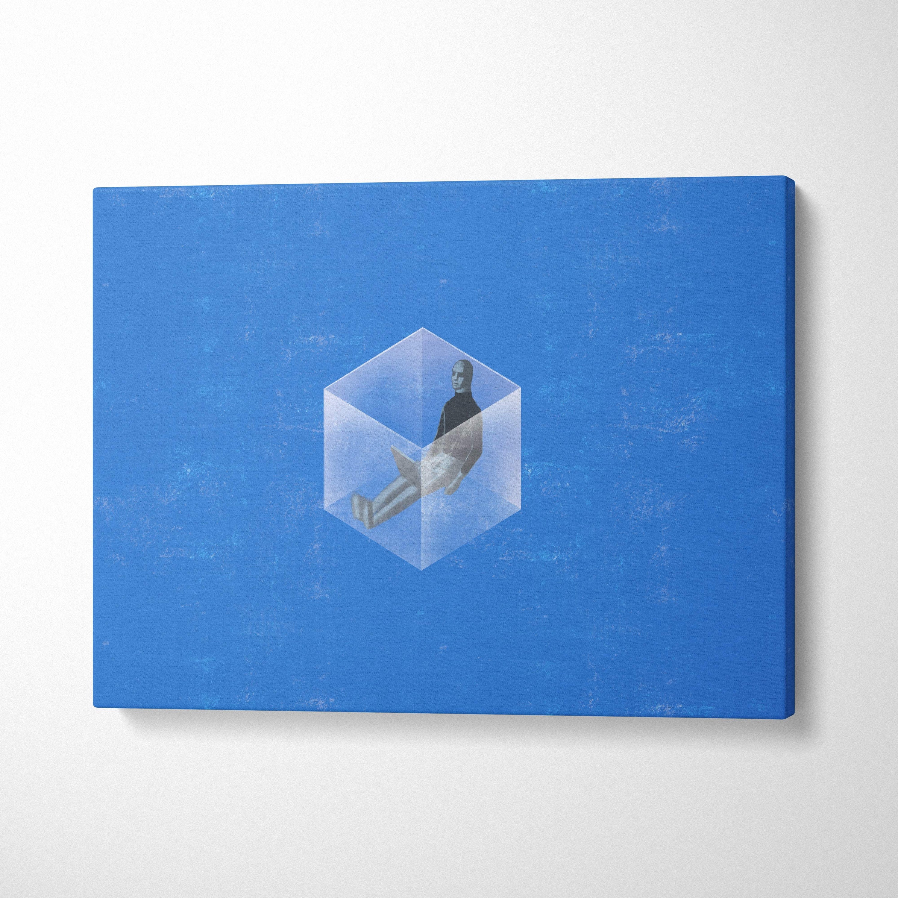 Contemporary blue canvas print featuring a translucent glass cube with a seated figure in black for modern mental health decor