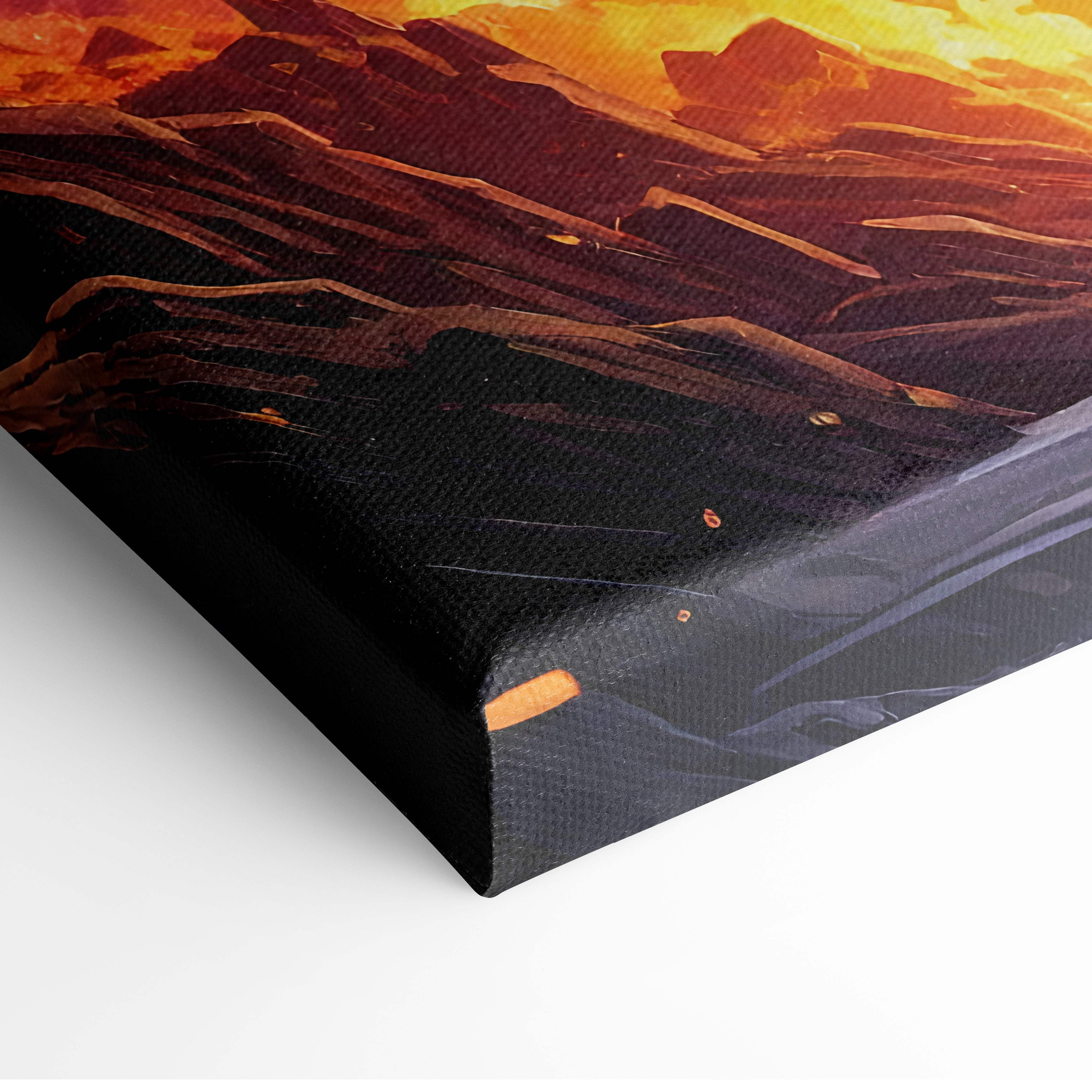 A framed canvas print of red orange phoenix wall art with dramatic desert sunset in warm hues for gaming room decor