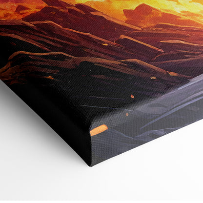 A framed canvas print of red orange phoenix wall art with dramatic desert sunset in warm hues for gaming room decor