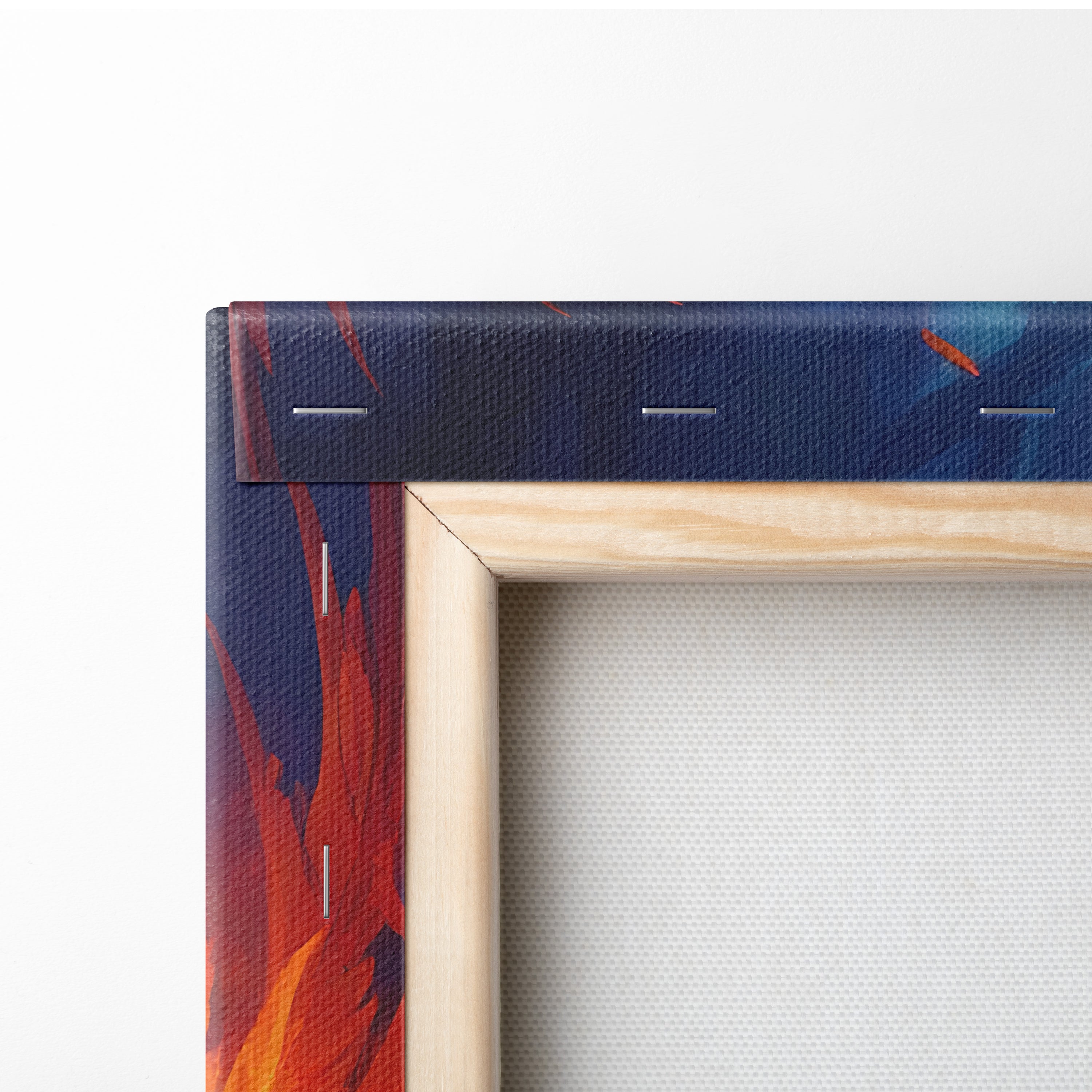 A wooden frame canvas print of vibrant red orange flames and blue fire phoenix for gaming room wall art decor