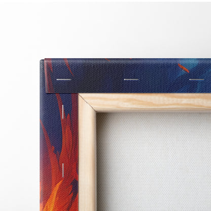 A wooden frame canvas print of vibrant red orange flames and blue fire phoenix for gaming room wall art decor