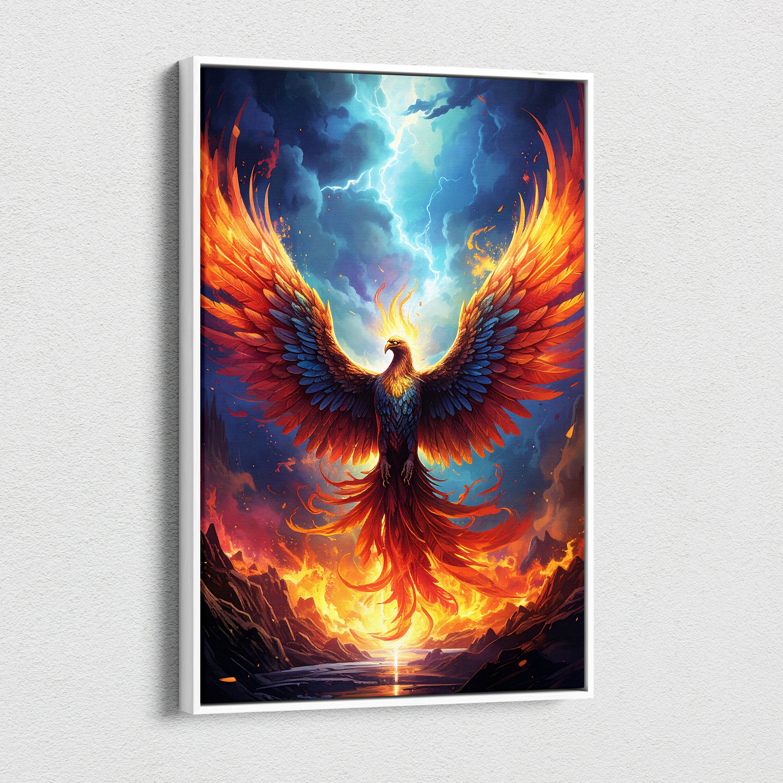 A framed red orange phoenix canvas wall art with fiery wings and blue lightning sky for gaming room or man cave decor