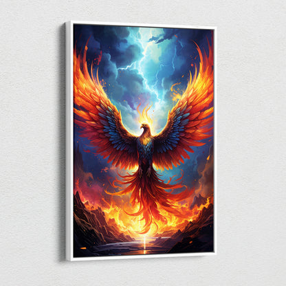 A framed red orange phoenix canvas wall art with fiery wings and blue lightning sky for gaming room or man cave decor