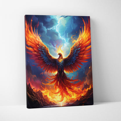 Vibrant canvas print of a red orange phoenix with fiery wings against a dramatic blue sky for gaming room decor