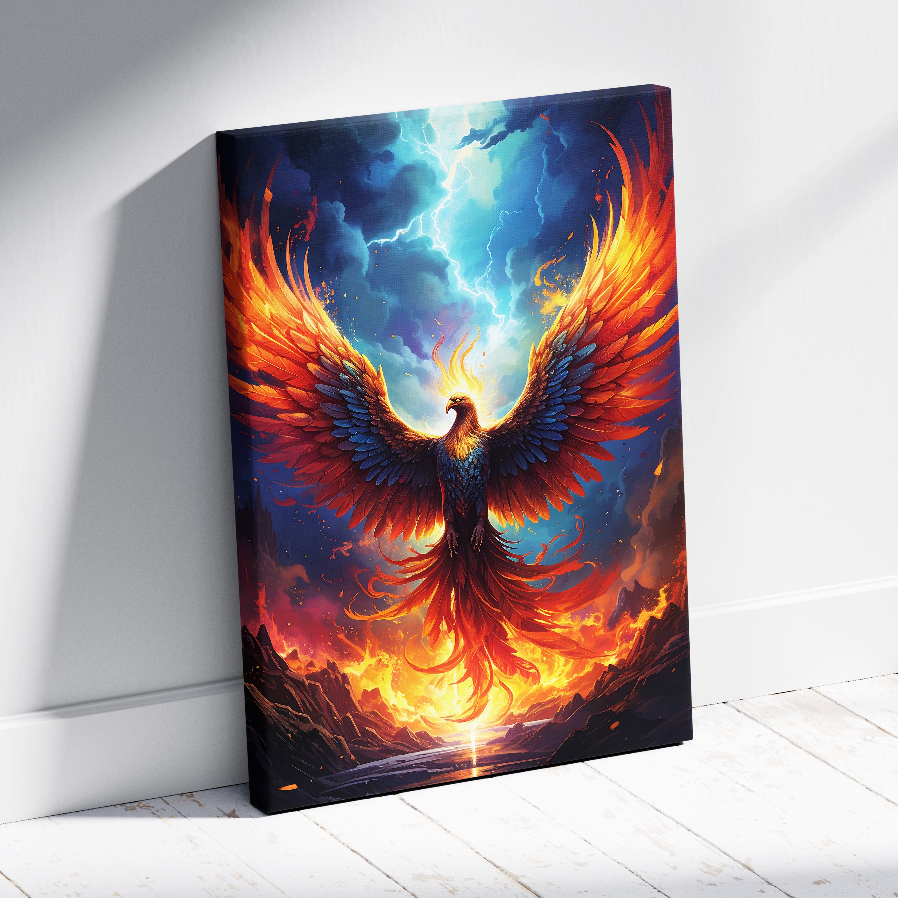 Vibrant canvas wall art featuring a fiery red orange phoenix with blue sky background for gaming room decor