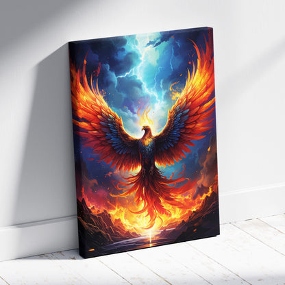 Vibrant canvas wall art featuring a fiery red orange phoenix with blue sky background for gaming room decor