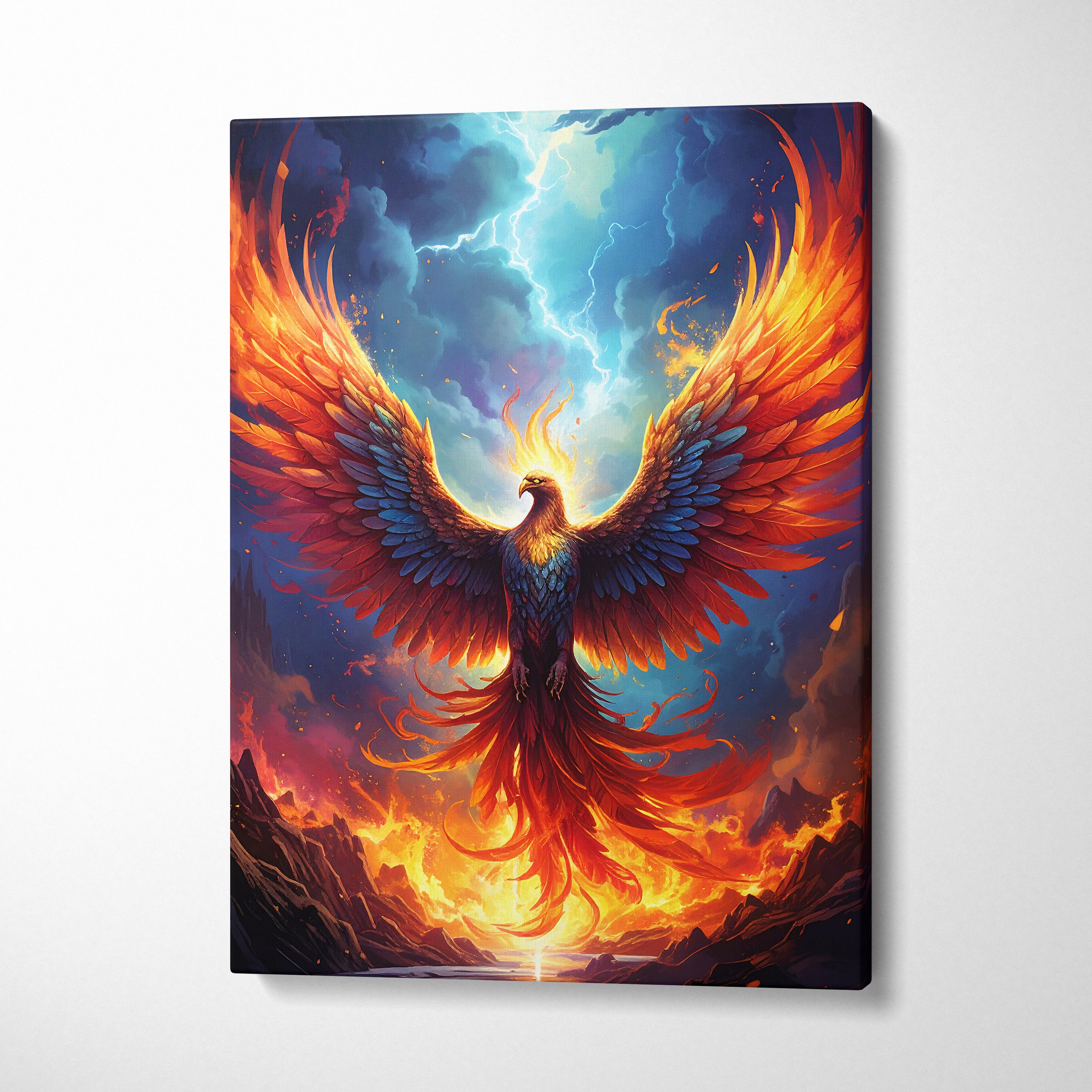 Vibrant red orange phoenix digital canvas print with fiery blue wings soaring against dramatic sky for gaming room decor