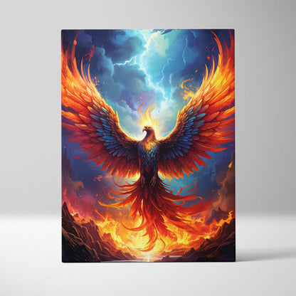 Vibrant red orange phoenix canvas wall art with fiery wings against dramatic sky for gaming room man cave decor