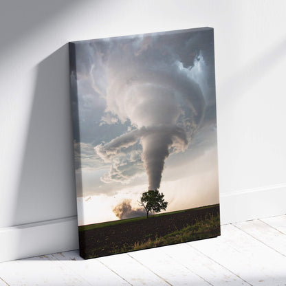 Canvas print of a dramatic gray and white tornado over a lone tree in an open field for rustic wall decor