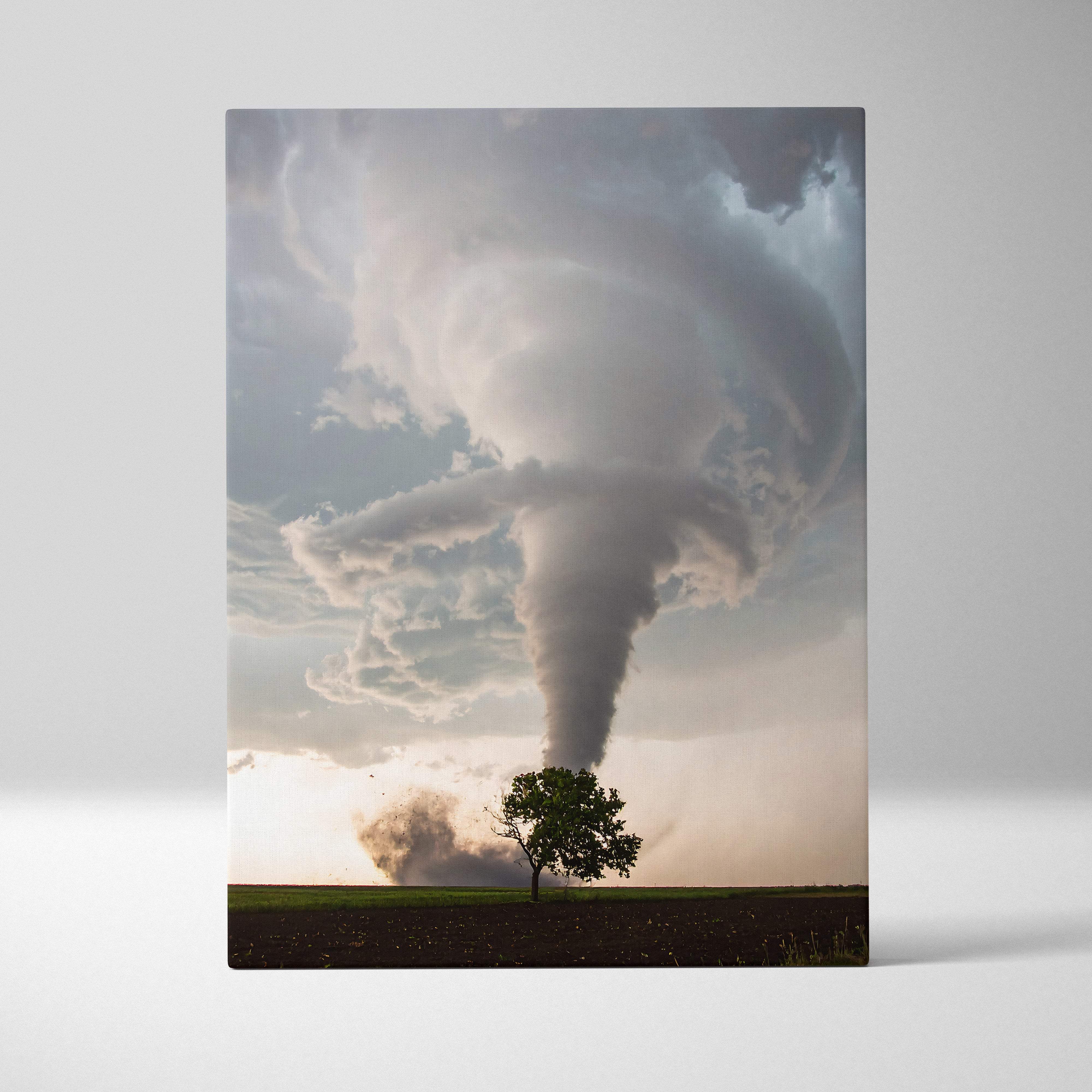 Powerful tornado over lone tree canvas wall art featuring a dramatic storm landscape in twilight colors for rustic decor