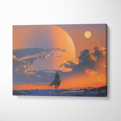 Western sunset rider canvas wall art featuring a lone cowboy silhouette against a surreal orange and blue desert sky