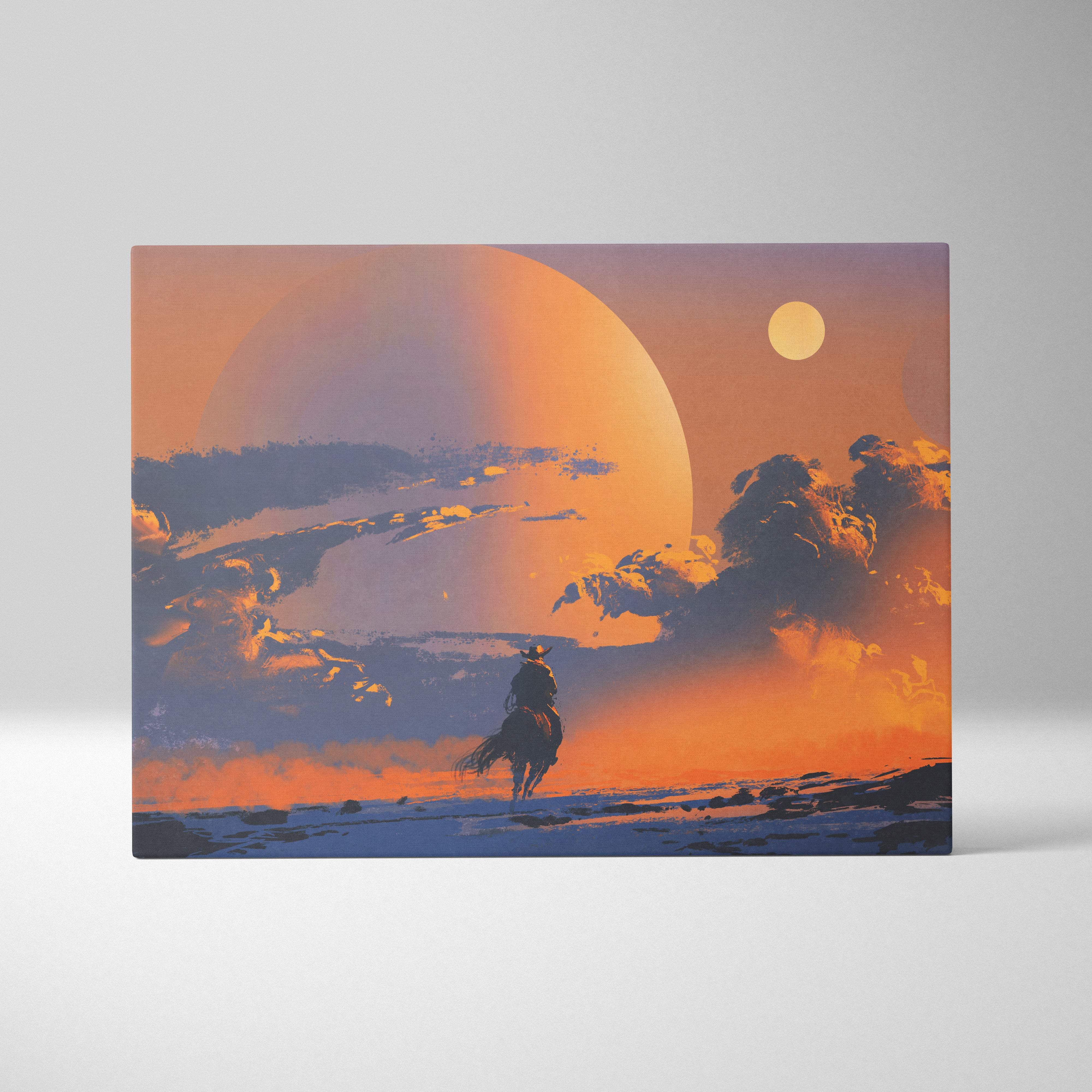 A rectangular canvas print of a lone cowboy silhouette against an orange and blue surreal desert sunset sky