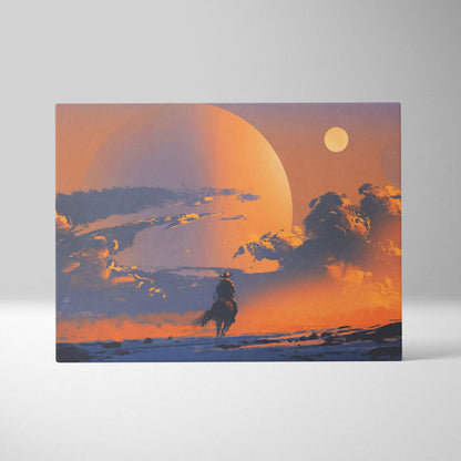 A rectangular canvas print of a lone cowboy silhouette against an orange and blue surreal desert sunset sky