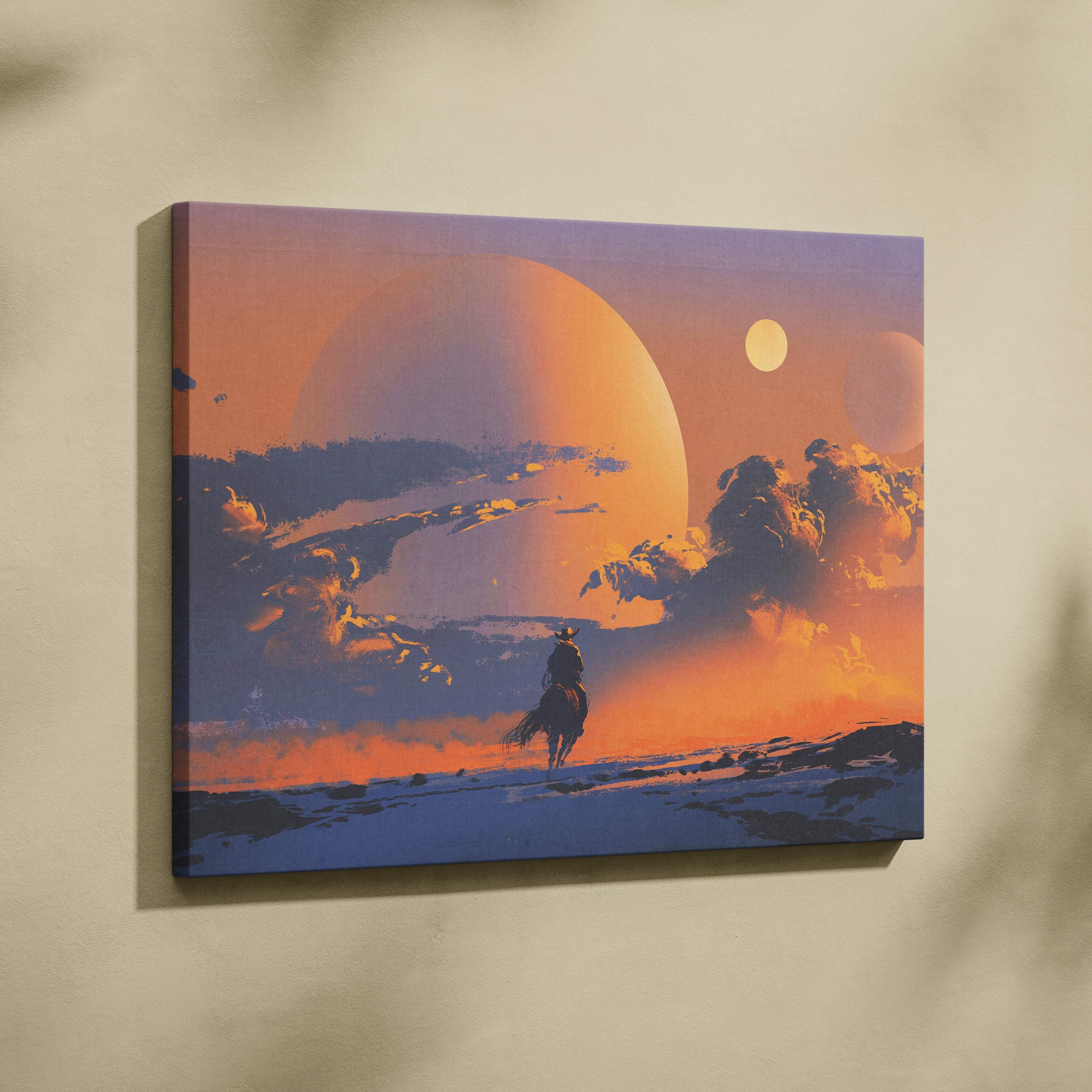 Western sunset rider canvas wall art featuring lone cowboy silhouette against orange and blue desert sky with planets