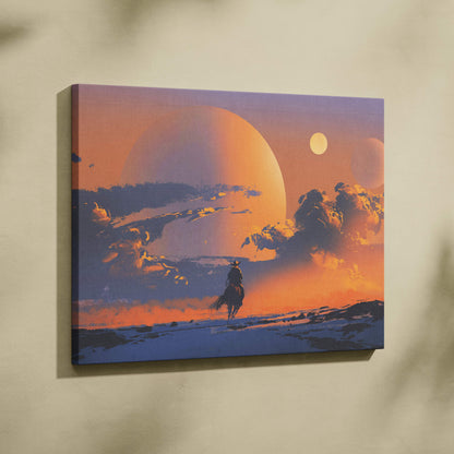 Western sunset rider canvas wall art featuring lone cowboy silhouette against orange and blue desert sky with planets