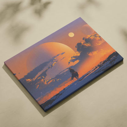 Western sunset rider canvas wall art featuring a lone cowboy silhouette against vibrant orange and blue desert sky