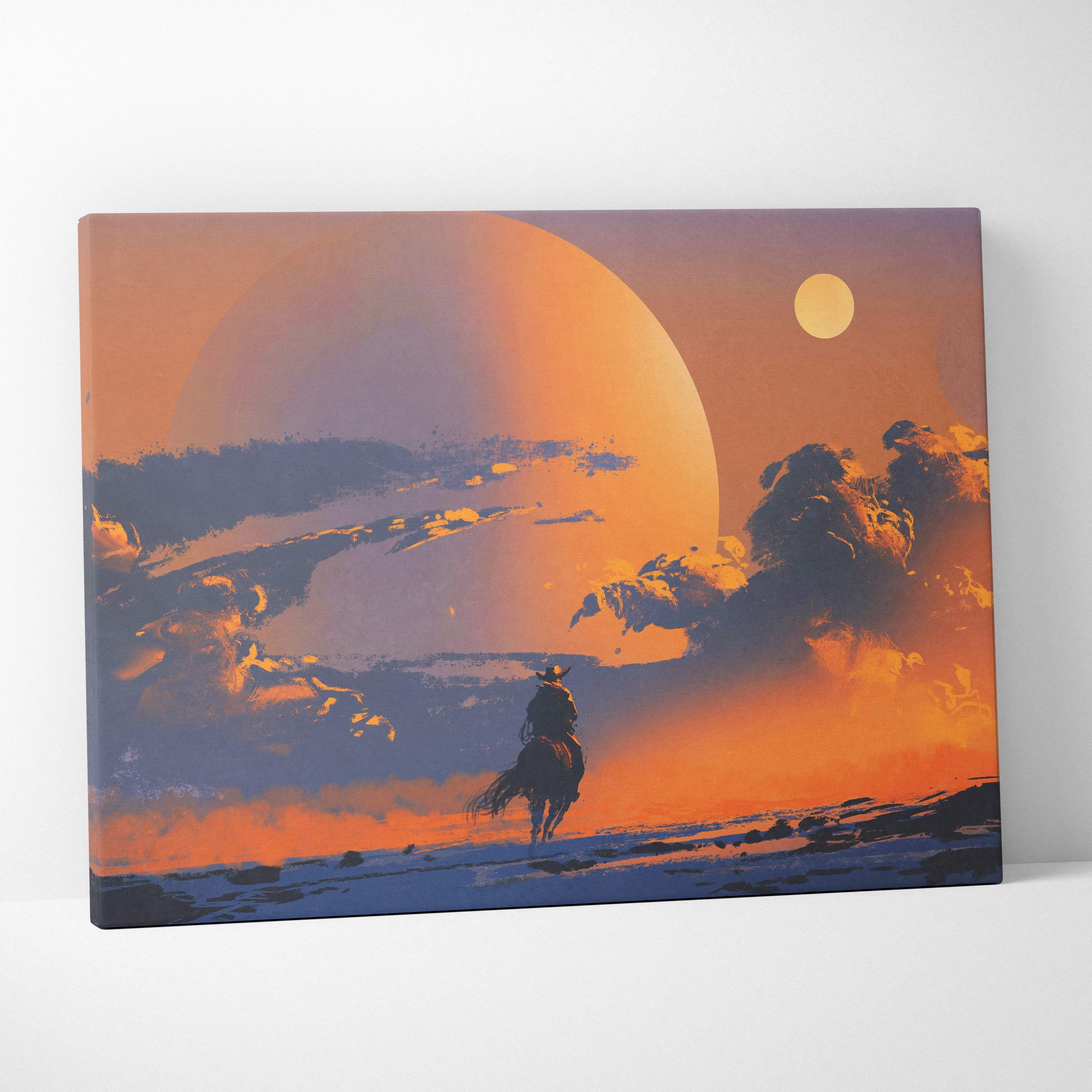 Rectangular canvas wall art featuring a lone cowboy silhouette against a vibrant orange and blue desert sunset with two suns