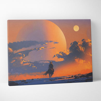 Rectangular canvas wall art featuring a lone cowboy silhouette against a vibrant orange and blue desert sunset with two suns