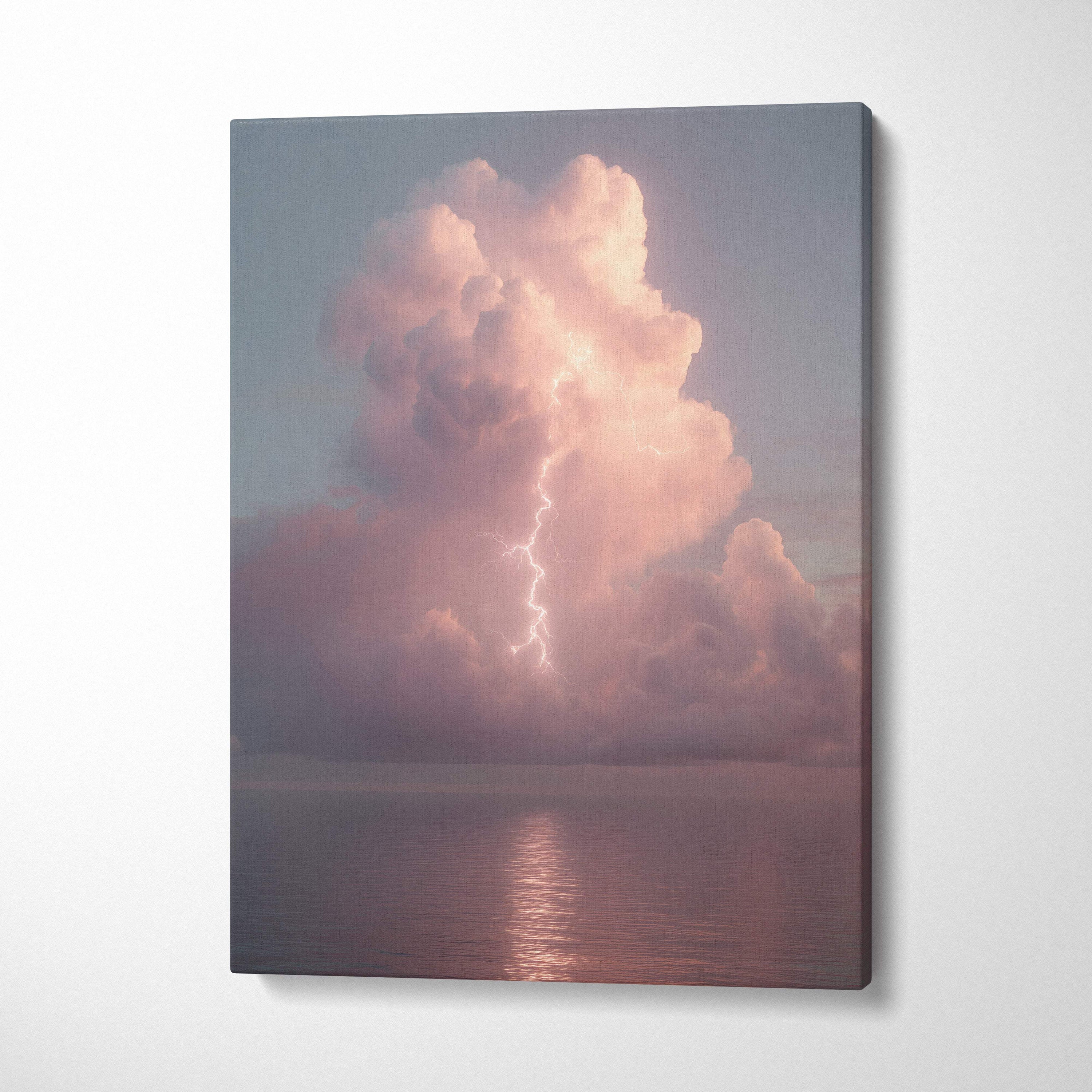 A canvas print of a dramatic lightning strike illuminating pink and gray clouds over calm ocean water for coastal decor