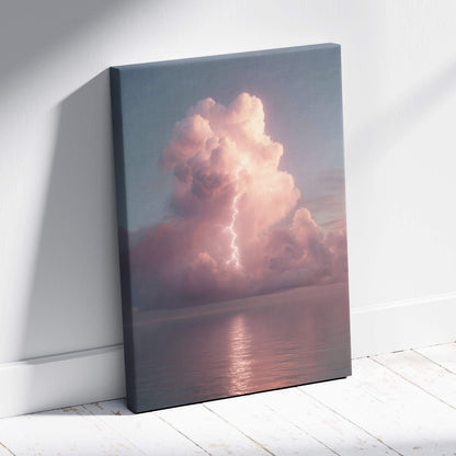 Rectangular canvas print of a stormy ocean sky with pink and gray clouds illuminated by lightning reflected on calm water