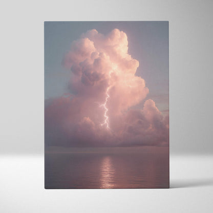 Rectangular canvas wall art featuring a lightning bolt in pink and gray clouds reflected over calm ocean water for coastal decor