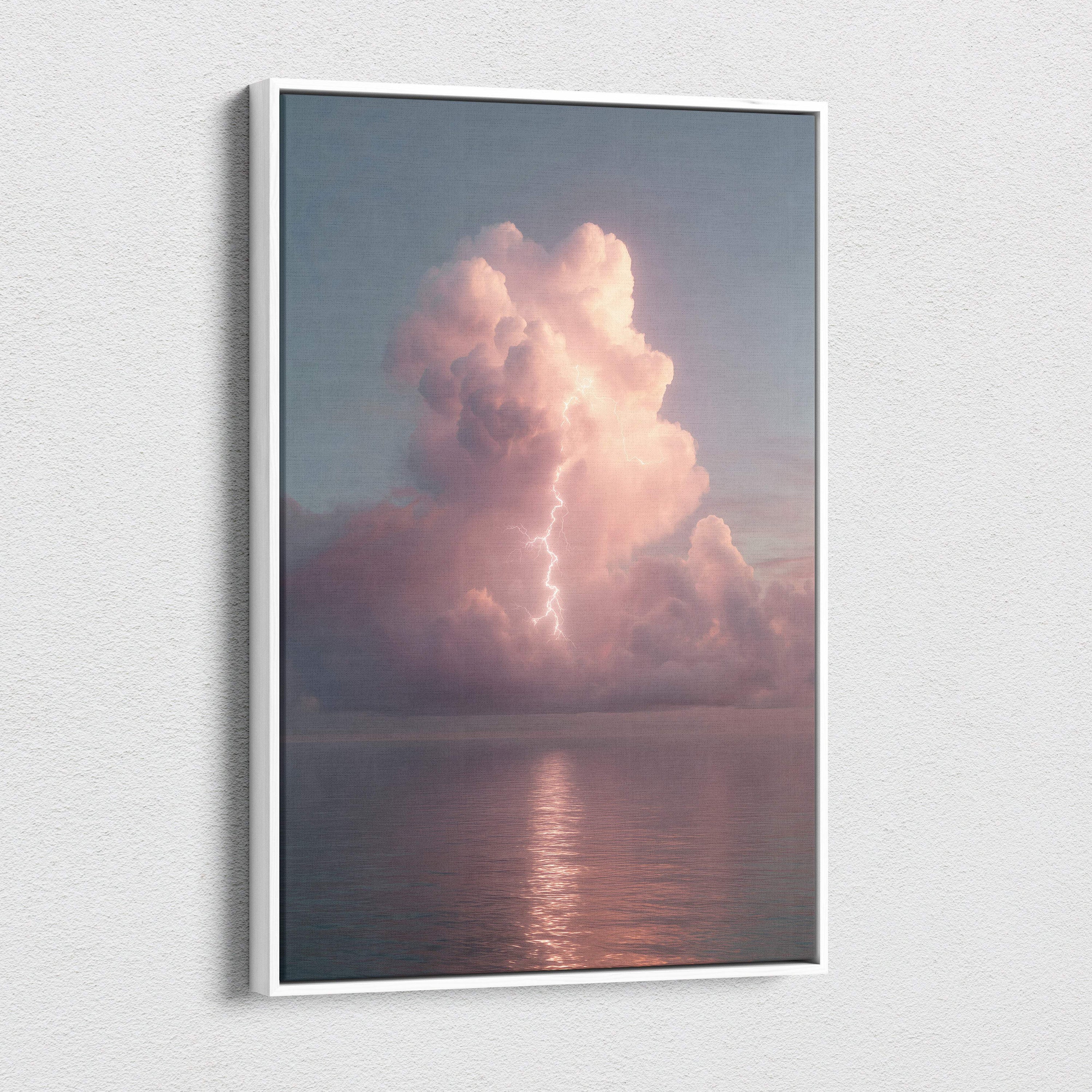 A framed canvas print of a dramatic pink and gray storm cloud with lightning over ocean for coastal decor