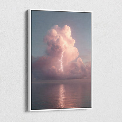 A framed canvas print of a dramatic pink and gray storm cloud with lightning over ocean for coastal decor