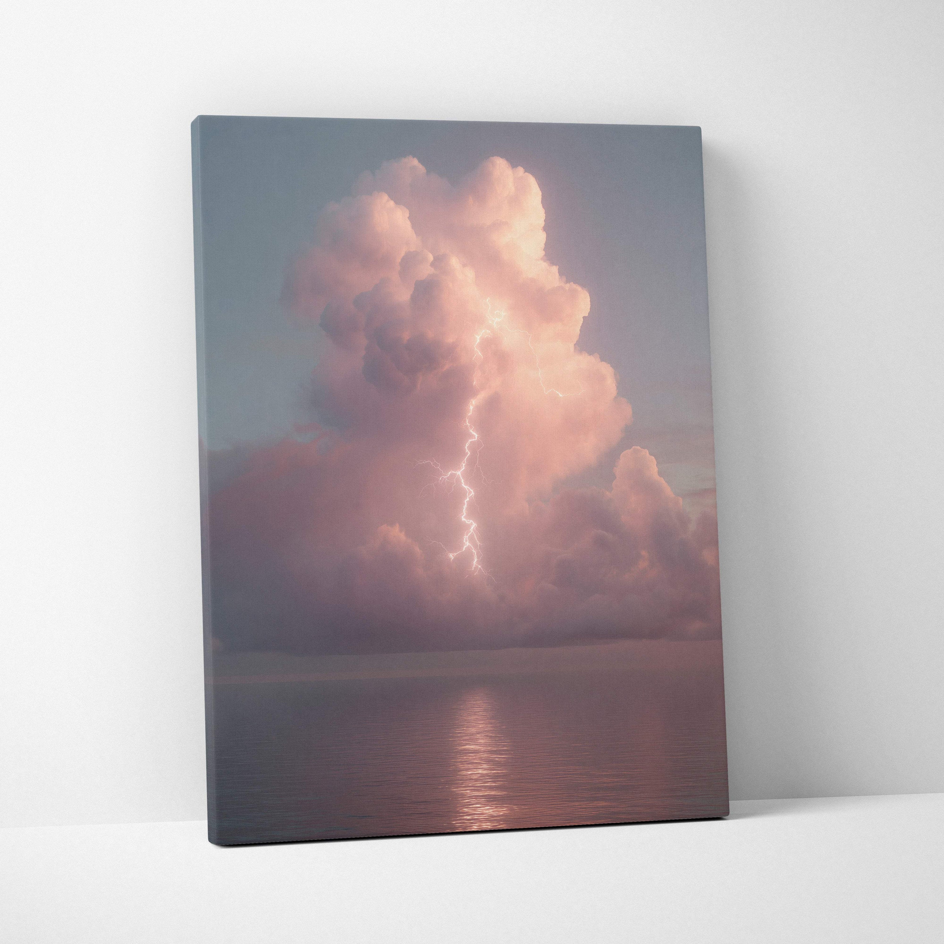 A rectangular canvas print of lightning in pink and gray clouds over ocean reflecting in calm water for coastal decor