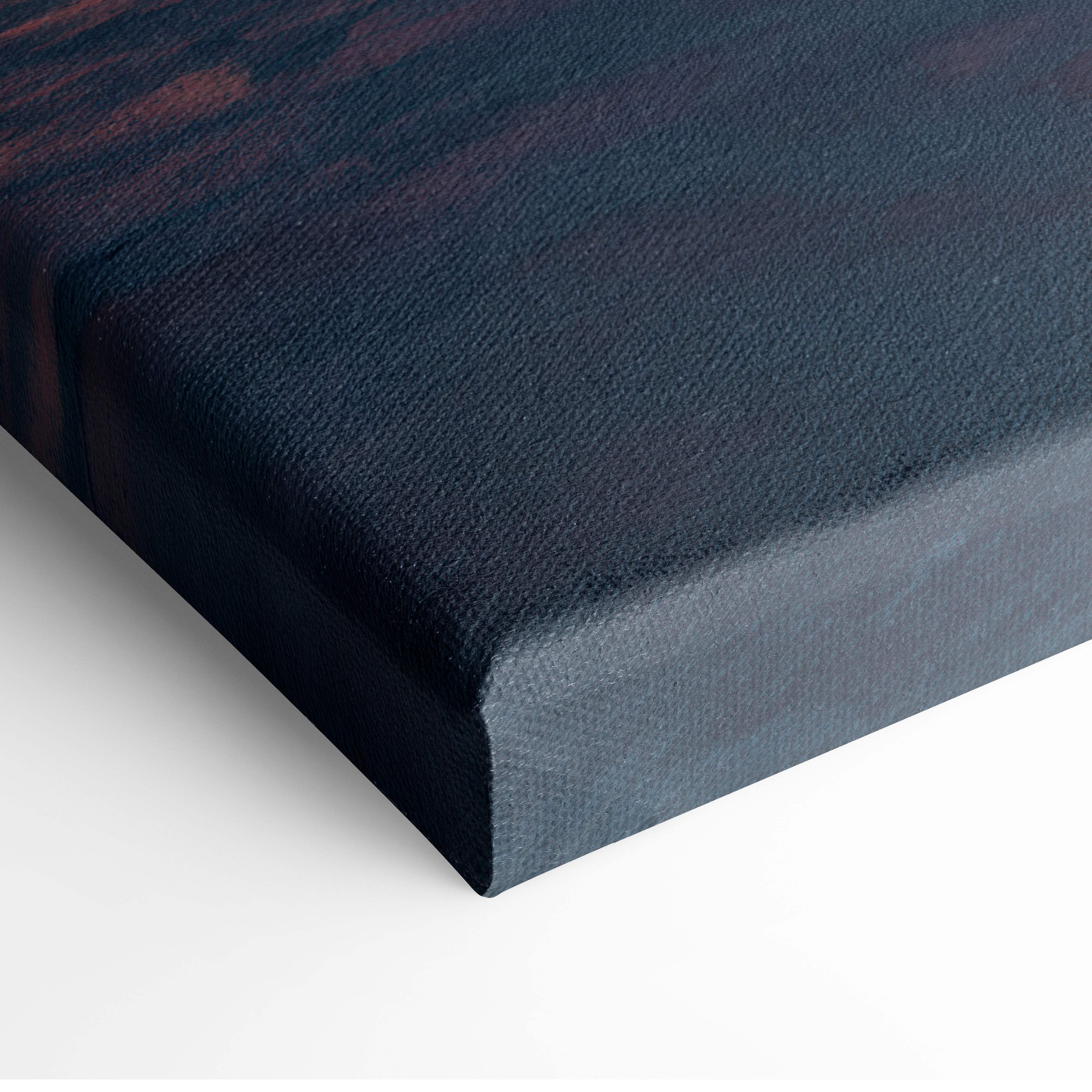 Dark blue canvas wall art with textured surface and maroon streaks lightning strike over ocean design for coastal decor