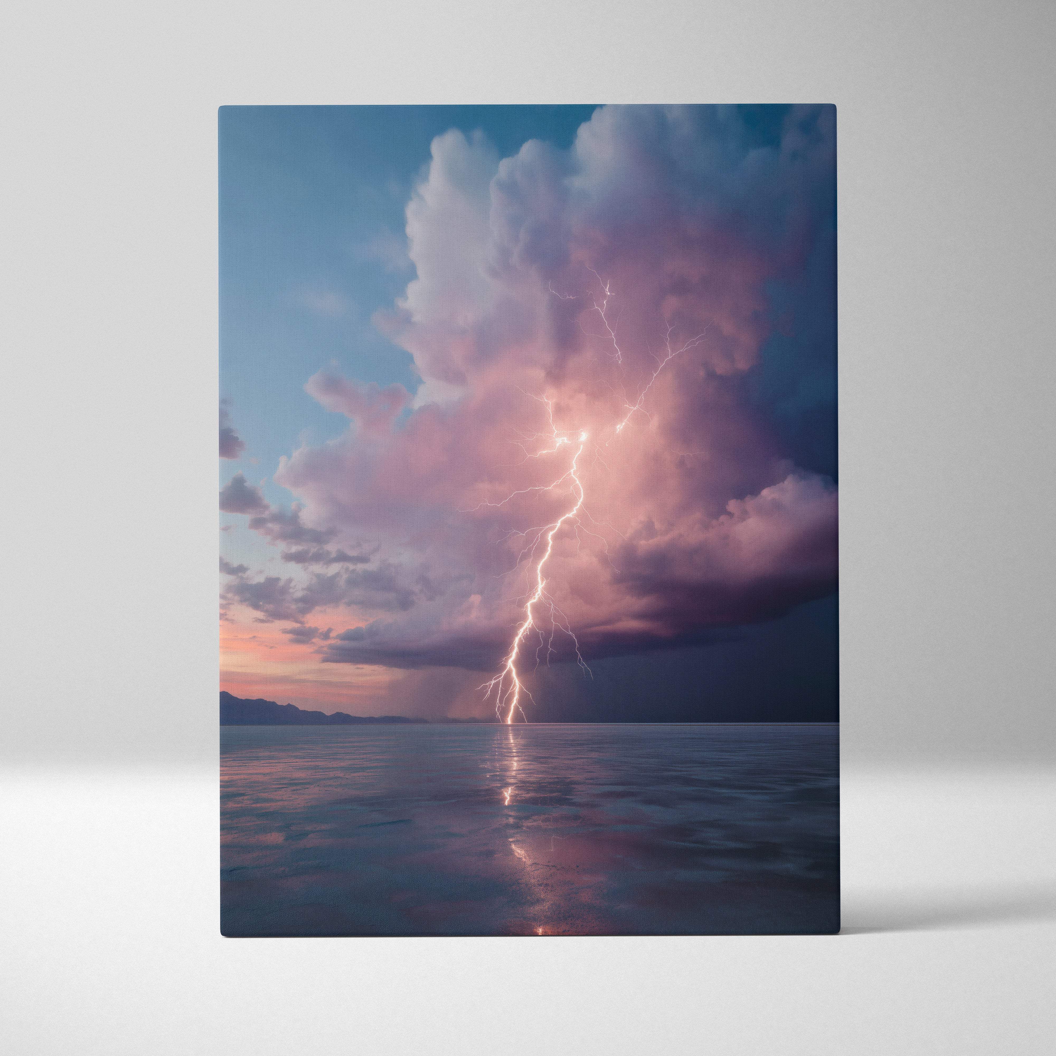 Rectangular canvas print of a dramatic lightning strike illuminating pink and purple storm clouds over calm ocean water