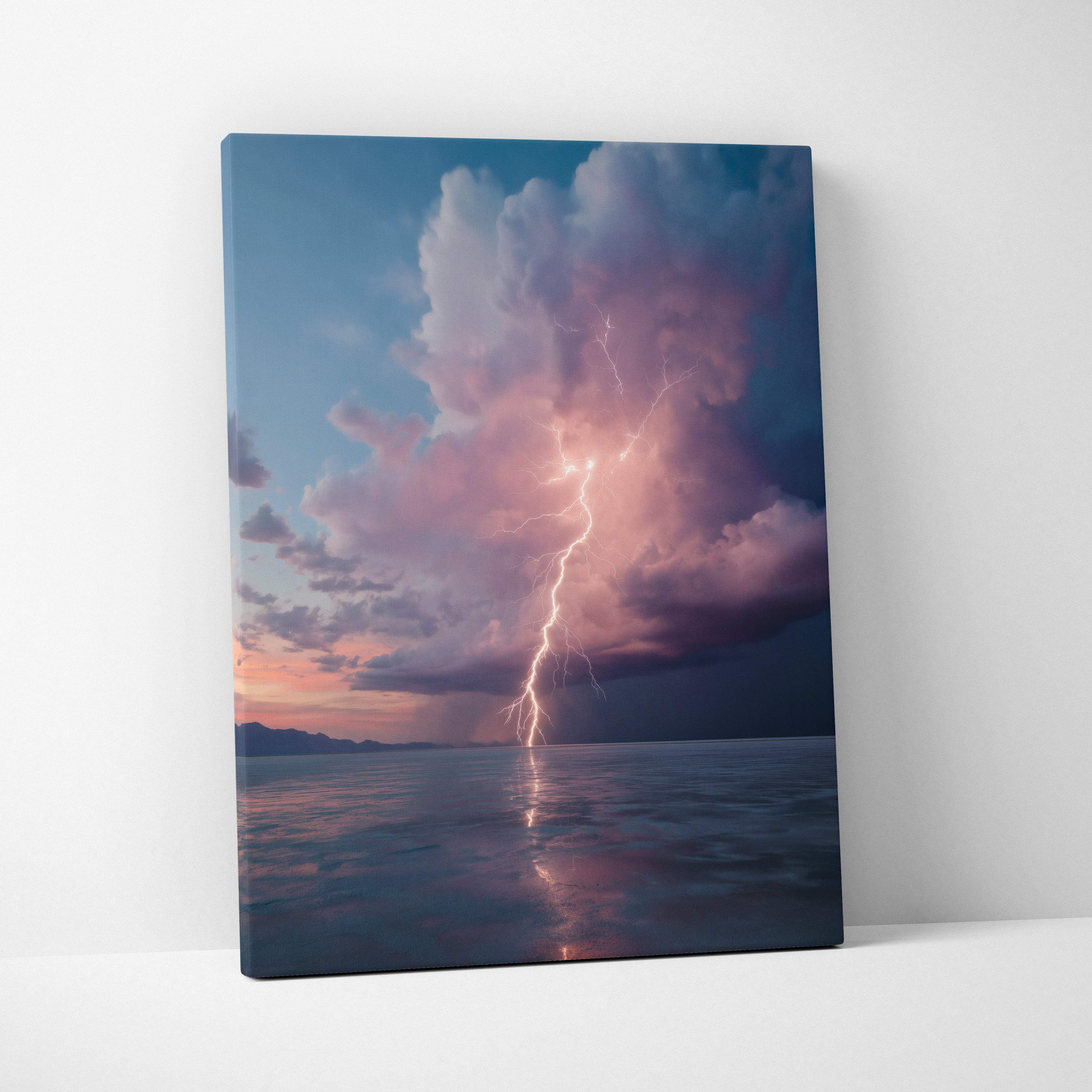 A vibrant canvas print of a dramatic lightning strike over a pink and purple sunset ocean for modern coastal decor