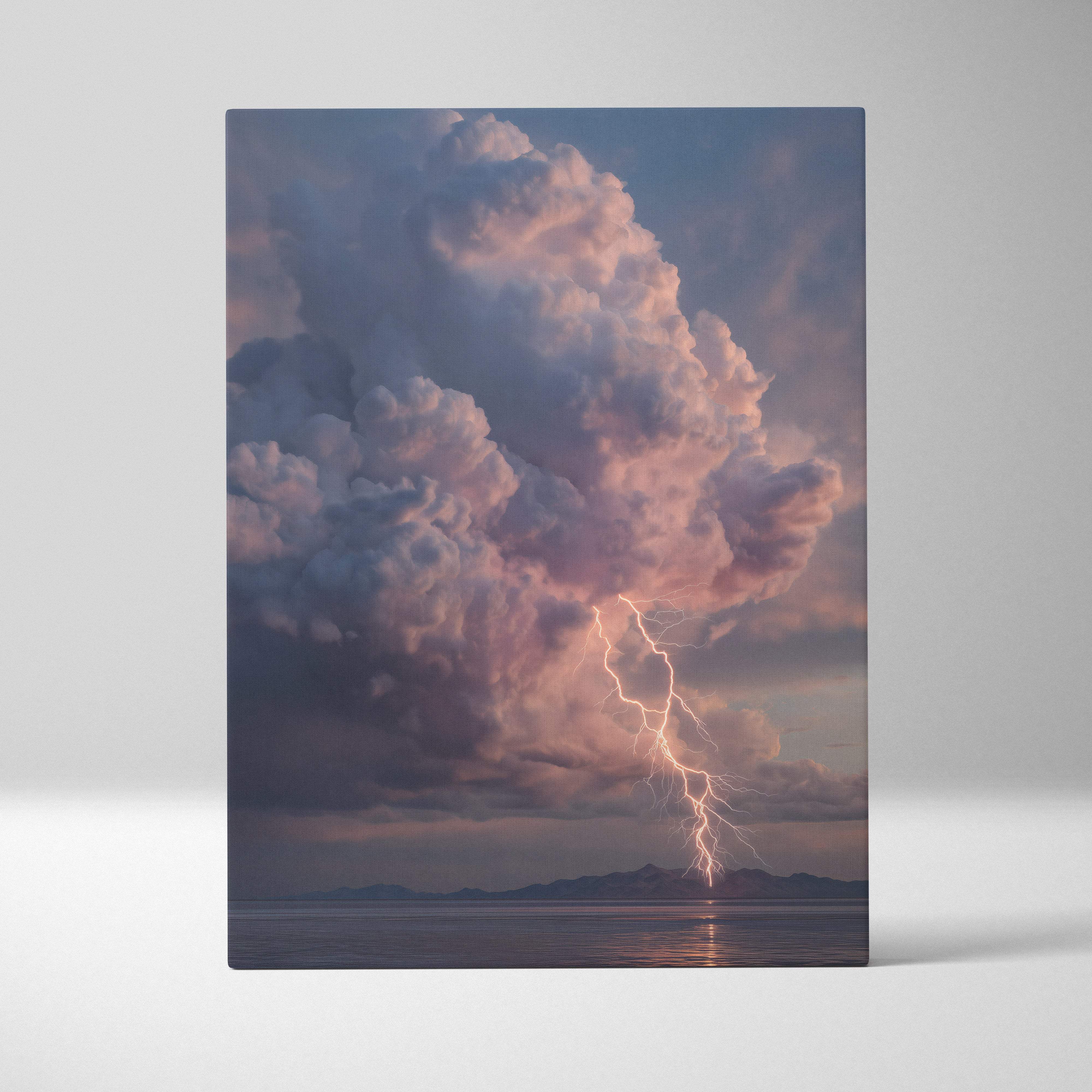 Rectangular canvas wall art of a lightning storm over calm ocean with pink and gray clouds for modern coastal decor