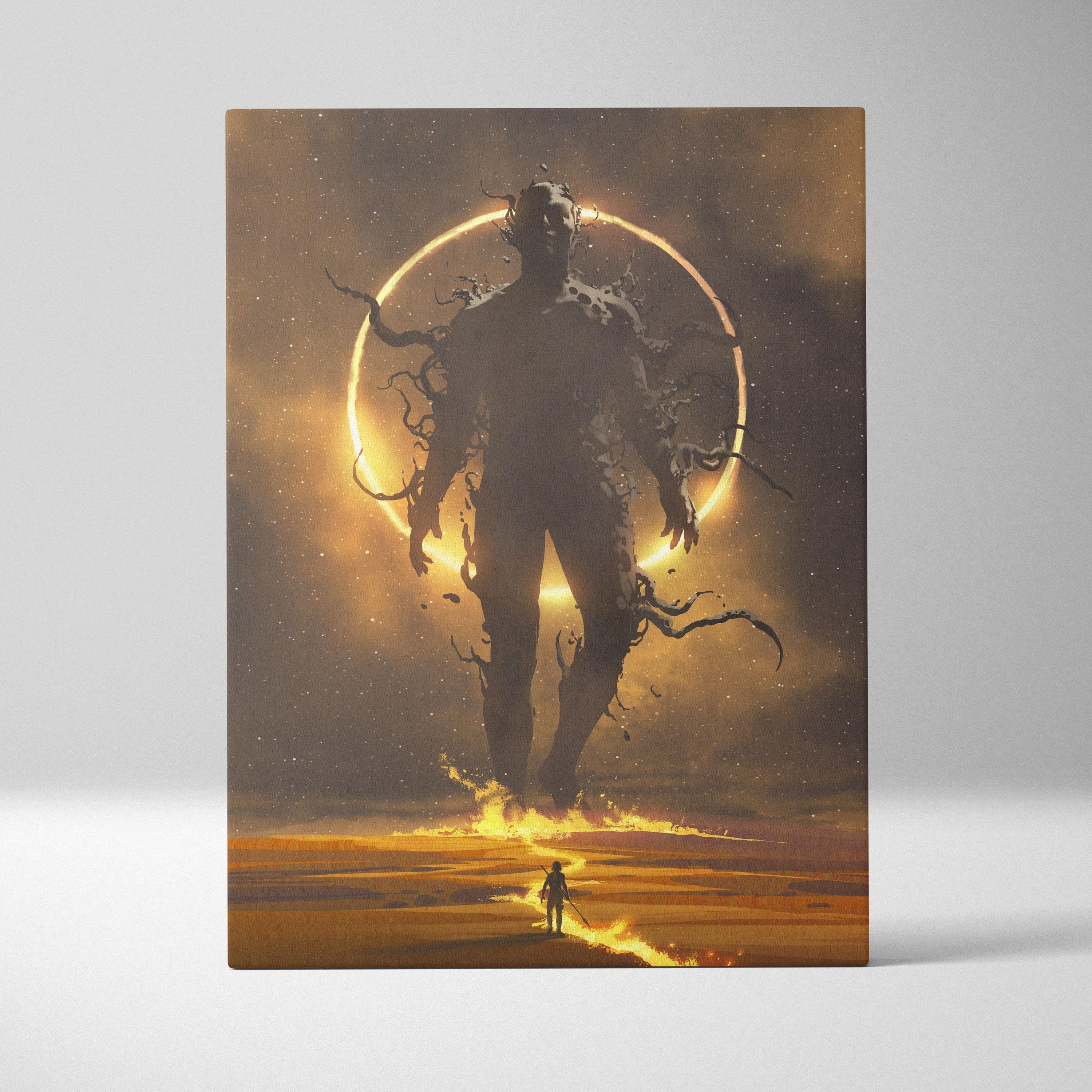 Celestial Titan Awakening Canvas Wall Art – Lone Wanderer Approaching Colossal Shadow Figure with Solar Halo and Burning Path, Epic Cosmic Fantasy Illustration