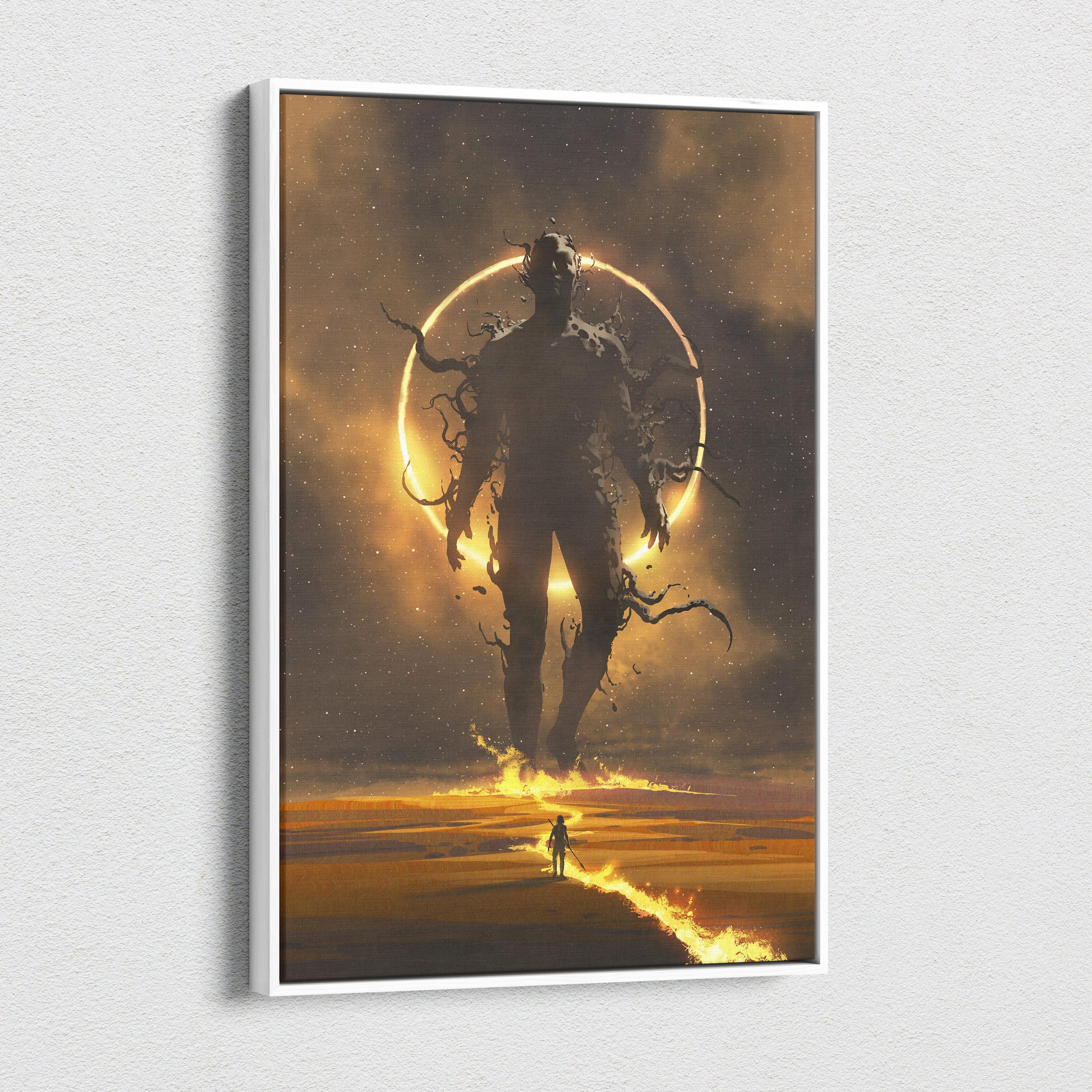 Celestial Titan Awakening Canvas Wall Art – Lone Wanderer Approaching Colossal Shadow Figure with Solar Halo and Burning Path, Epic Cosmic Fantasy Illustration