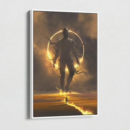 Celestial Titan Awakening Canvas Wall Art – Lone Wanderer Approaching Colossal Shadow Figure with Solar Halo and Burning Path, Epic Cosmic Fantasy Illustration