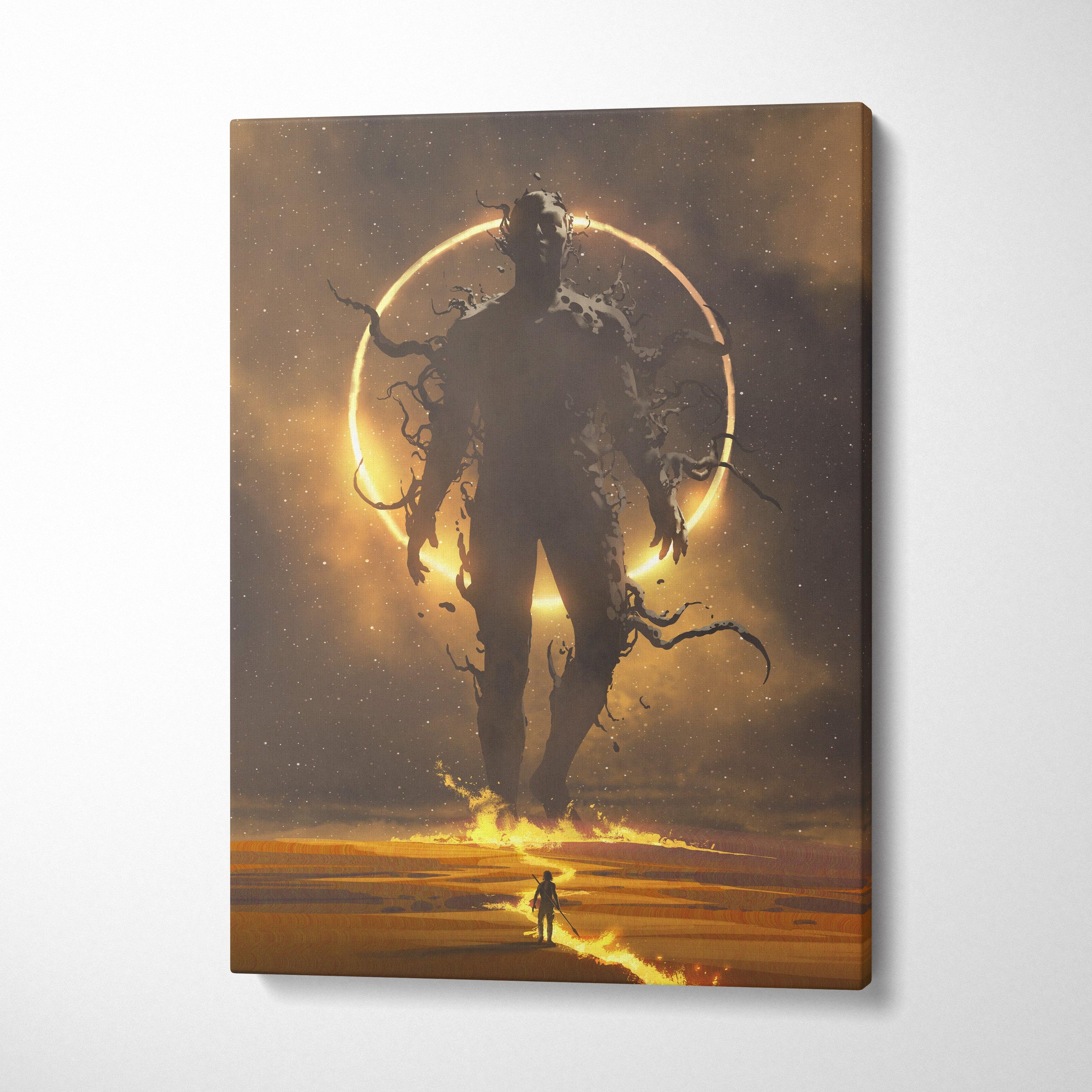 Celestial Titan Awakening Canvas Wall Art – Lone Wanderer Approaching Colossal Shadow Figure with Solar Halo and Burning Path, Epic Cosmic Fantasy Illustration