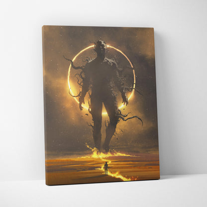Celestial Titan Awakening Canvas Wall Art – Lone Wanderer Approaching Colossal Shadow Figure with Solar Halo and Burning Path, Epic Cosmic Fantasy Illustration