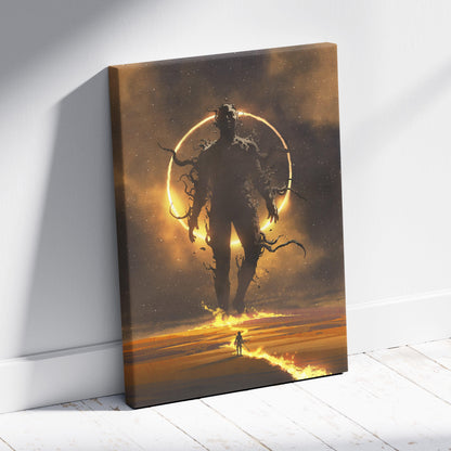 Celestial Titan Awakening Canvas Wall Art – Lone Wanderer Approaching Colossal Shadow Figure with Solar Halo and Burning Path, Epic Cosmic Fantasy Illustration
