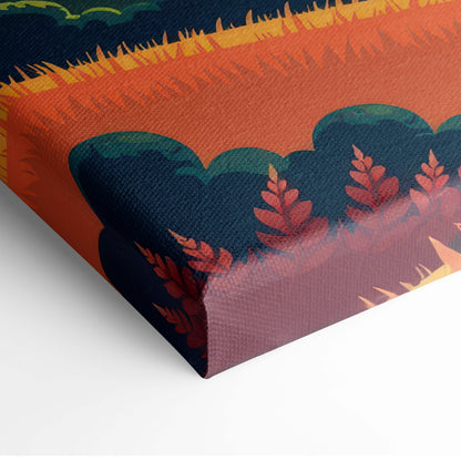 Vibrant canvas print of stylized autumn foliage in orange red and teal against a warm sunset sky for modern wall decor