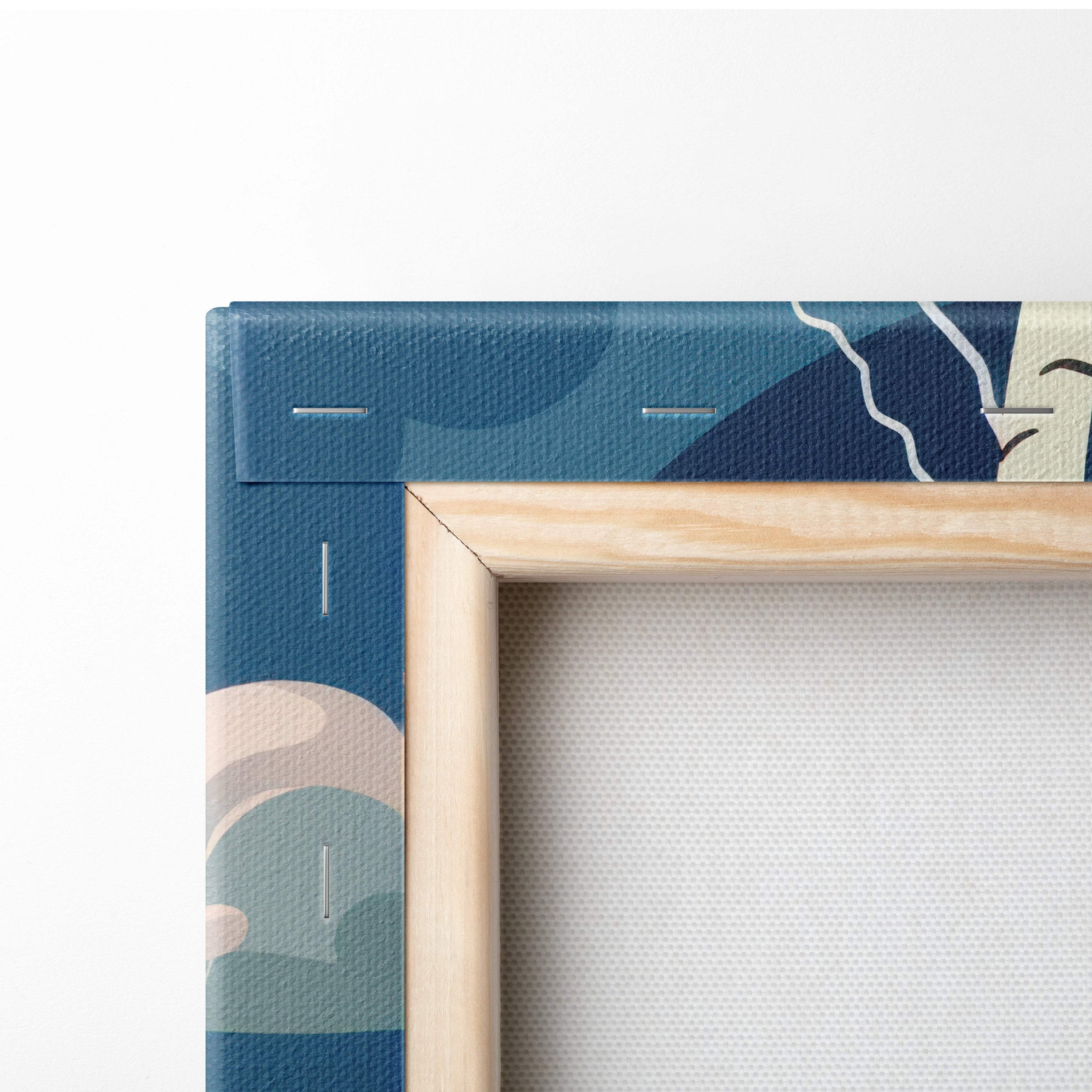 A minimalist wooden frame holds a canvas print of stylized lightning storm landscape with layered blue and beige shapes