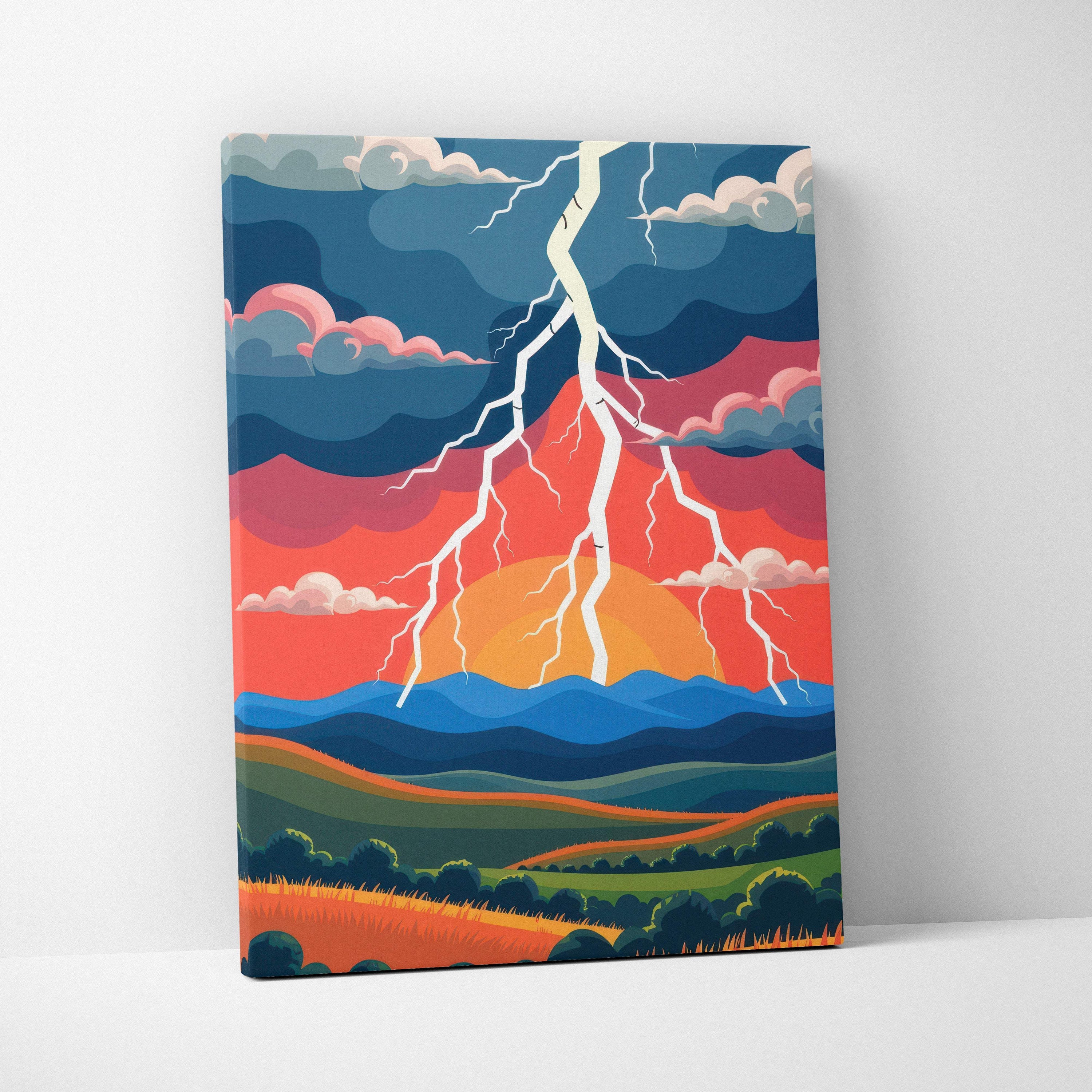 Vibrant canvas print of a dramatic lightning strike over rolling hills at sunset in bold reds and deep blues for modern decor
