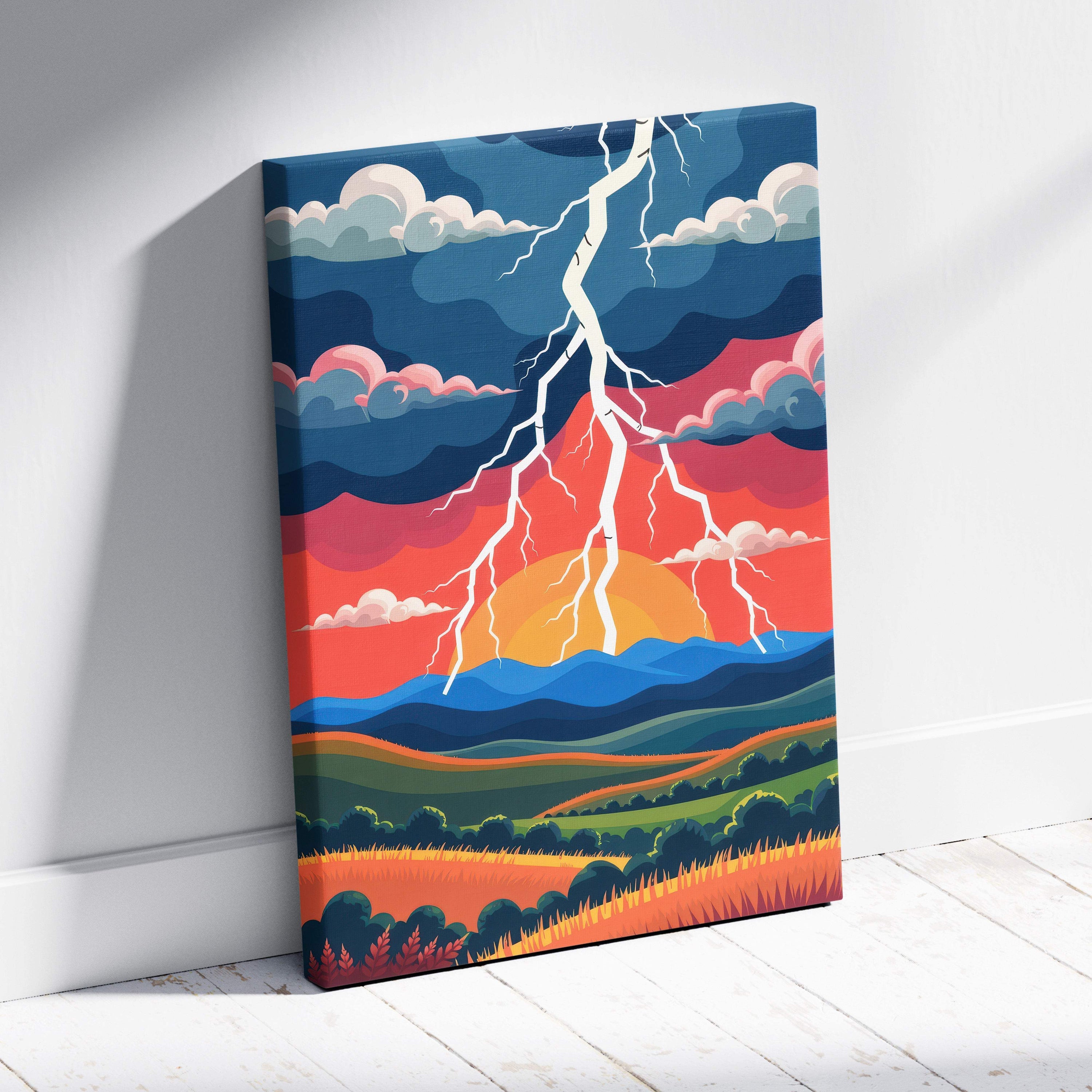 Vibrant canvas print of a stylized lightning storm over rolling hills at sunset with bold colors for modern decor