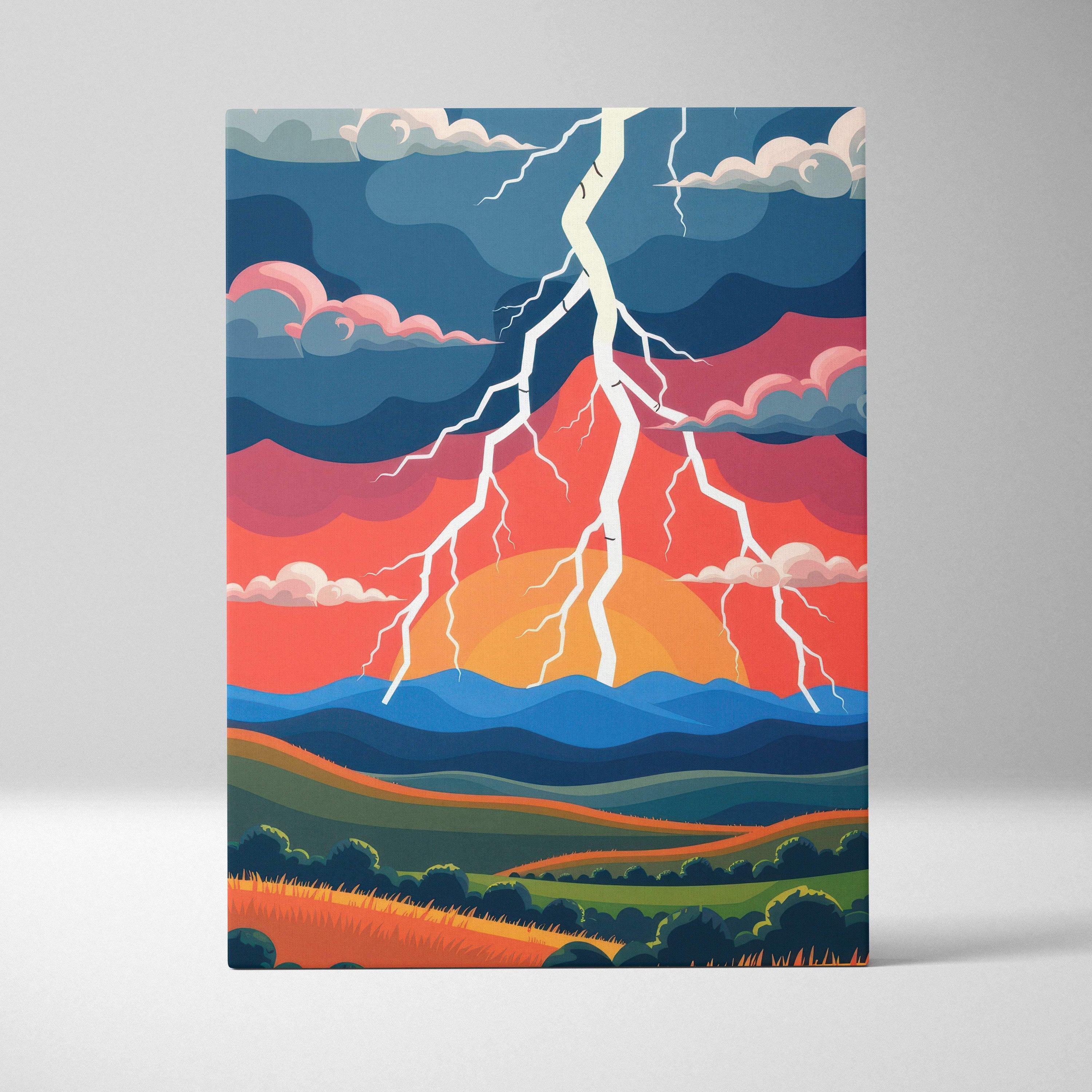 Stylized lightning storm landscape canvas art with bold sunset colors and dramatic thunderstorm over rolling hills